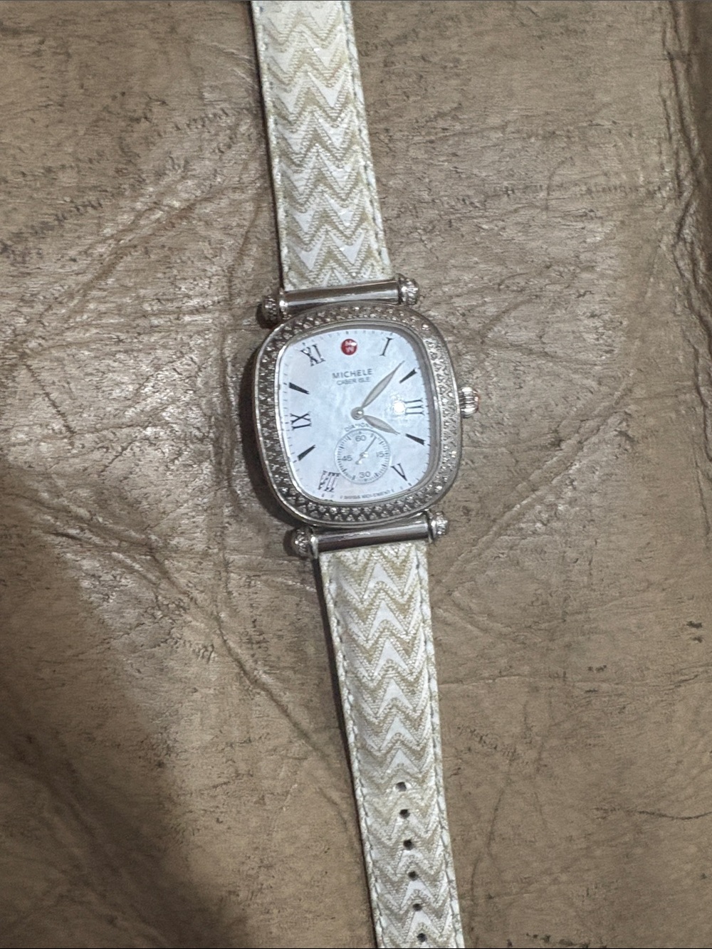 Michele Silver Watch Bracelet with White Dial and Brown Leather Strap - Picture 3 of 3